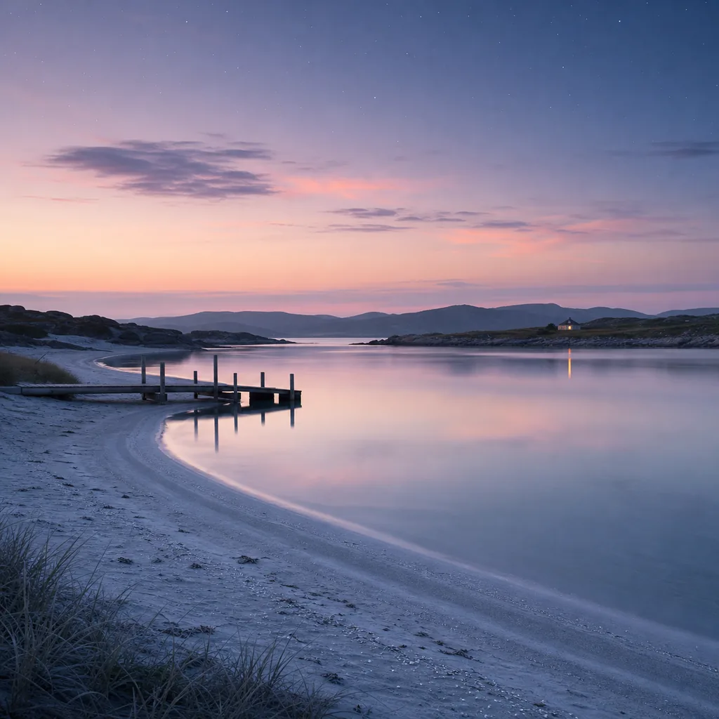 The road gives way to a quiet coastal village, a silver shoreline and the slow rhythm of the tide.